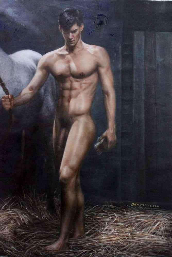 Peinture érotique homme nu cheval - Huile sur toile originale, œuvre d'art captivante - Kikooyou Art Gallery