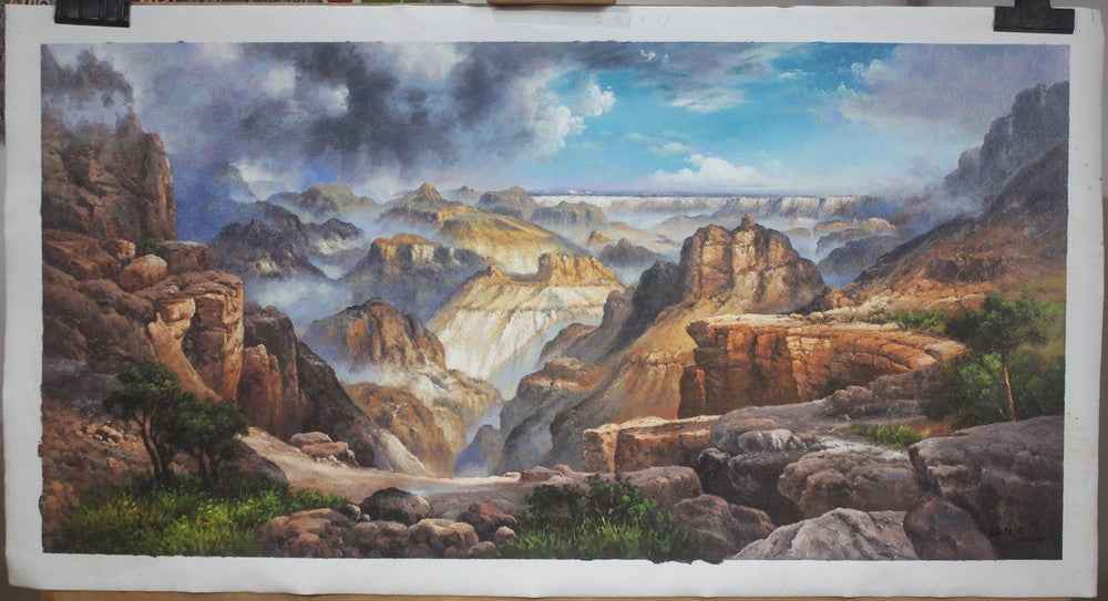 Repro Thomas Moran huile paysage peinture sur toile grand canyon signée 60x120cm