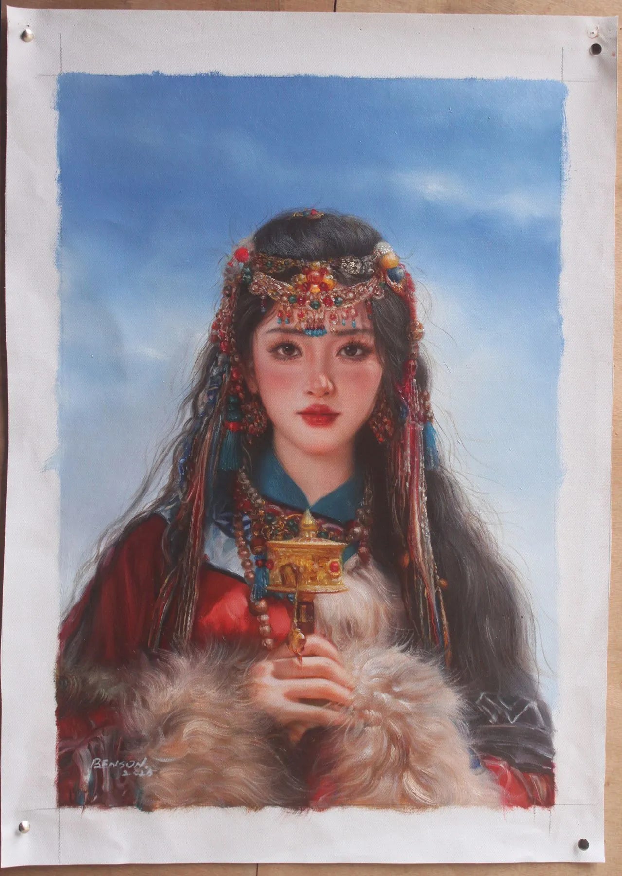 art -portrait-féminin-femme-tibet-asiatique-moulin-prières-tibet-peinture-huile sur toile