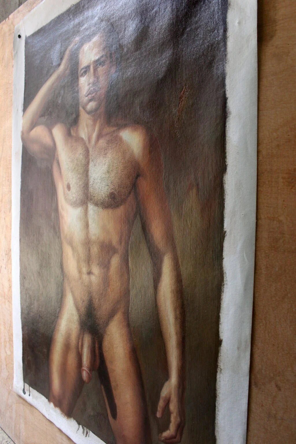 art-decoration-tableau-peinture-huile-toile-portrait-homme-nu-Un homme virile d'Amérique latine