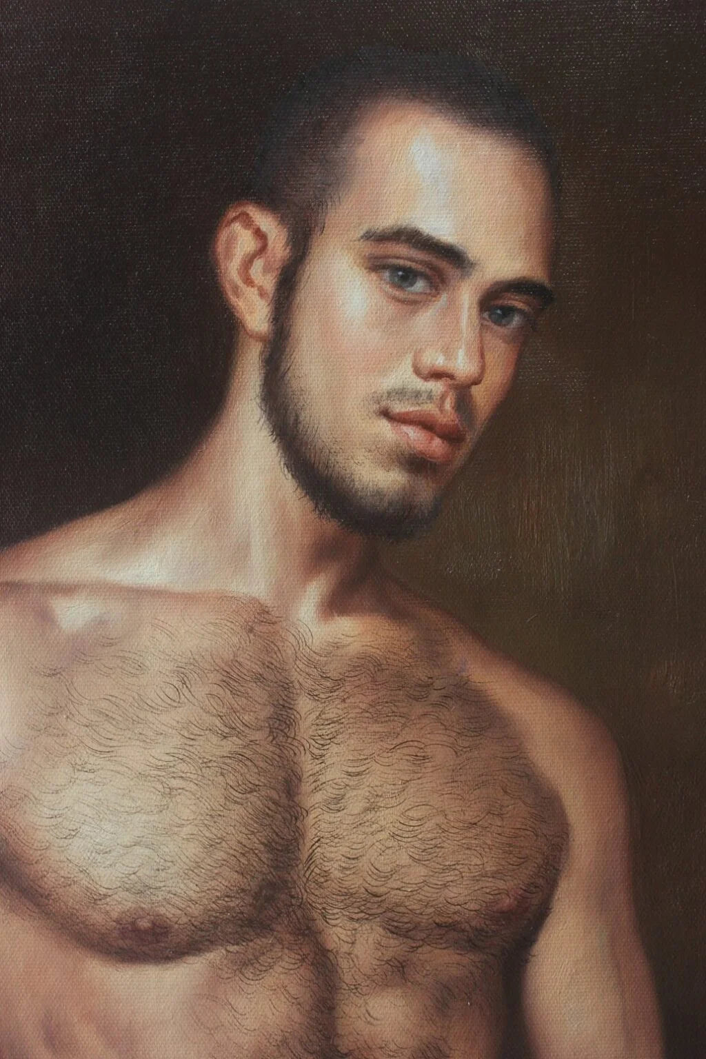 art-decoration-tableau-peinture-huile-toile-portrait-homme-nu-Un homme viril sexy poilu