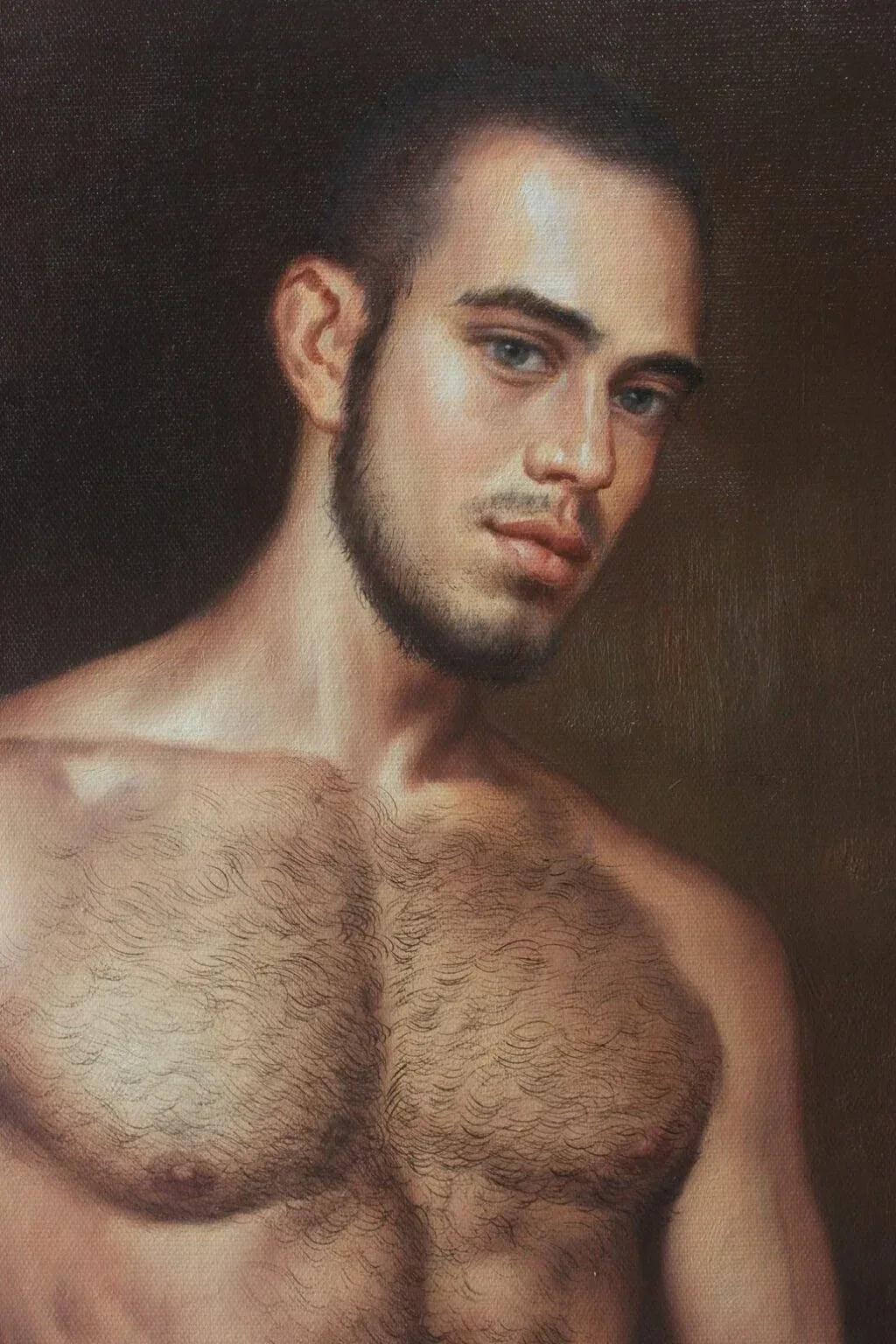 art-decoration-tableau-peinture-huile-toile-portrait-homme-nu-Un homme viril sexy poilu - Kikooyou Art Gallery