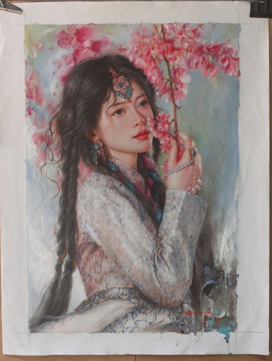 Peinture à l'huile originale sur toile peinte à la main belle femme tibetaine arbre en fleurs - Kikooyou Art Gallery