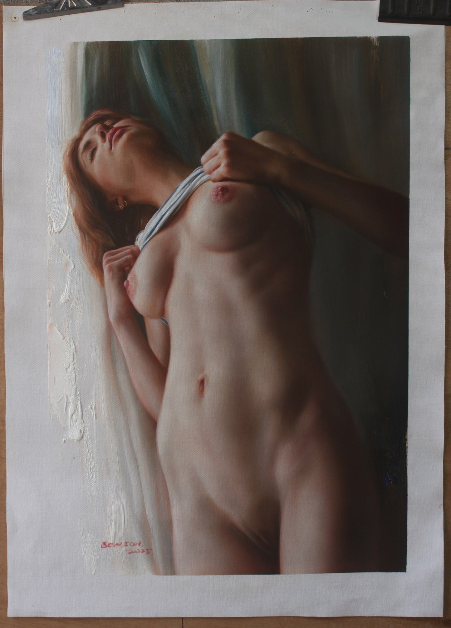 art érotique femme Nue intégrale belle poitrine, peinture huile sur toile originale