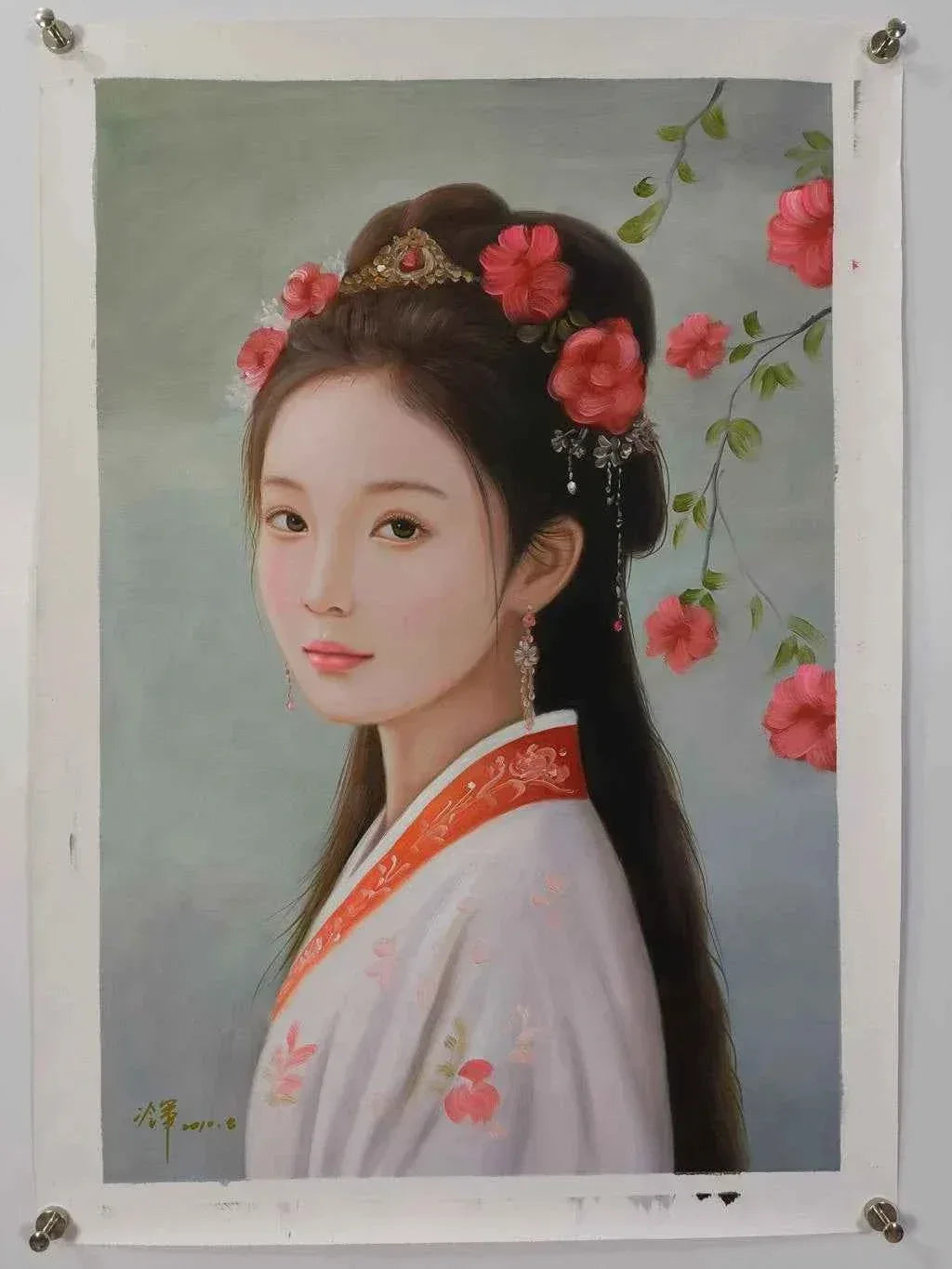 Peinture à l'huile sur toile peinte à la main belle femme fleurs dans les cheveux par Leng Jun - Kikooyou Art Gallery - Kikooyou Art Gallery