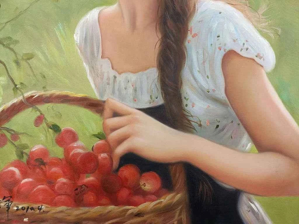 Peinture à l'huile sur toile peinte à la main belle femme cueille des fruits