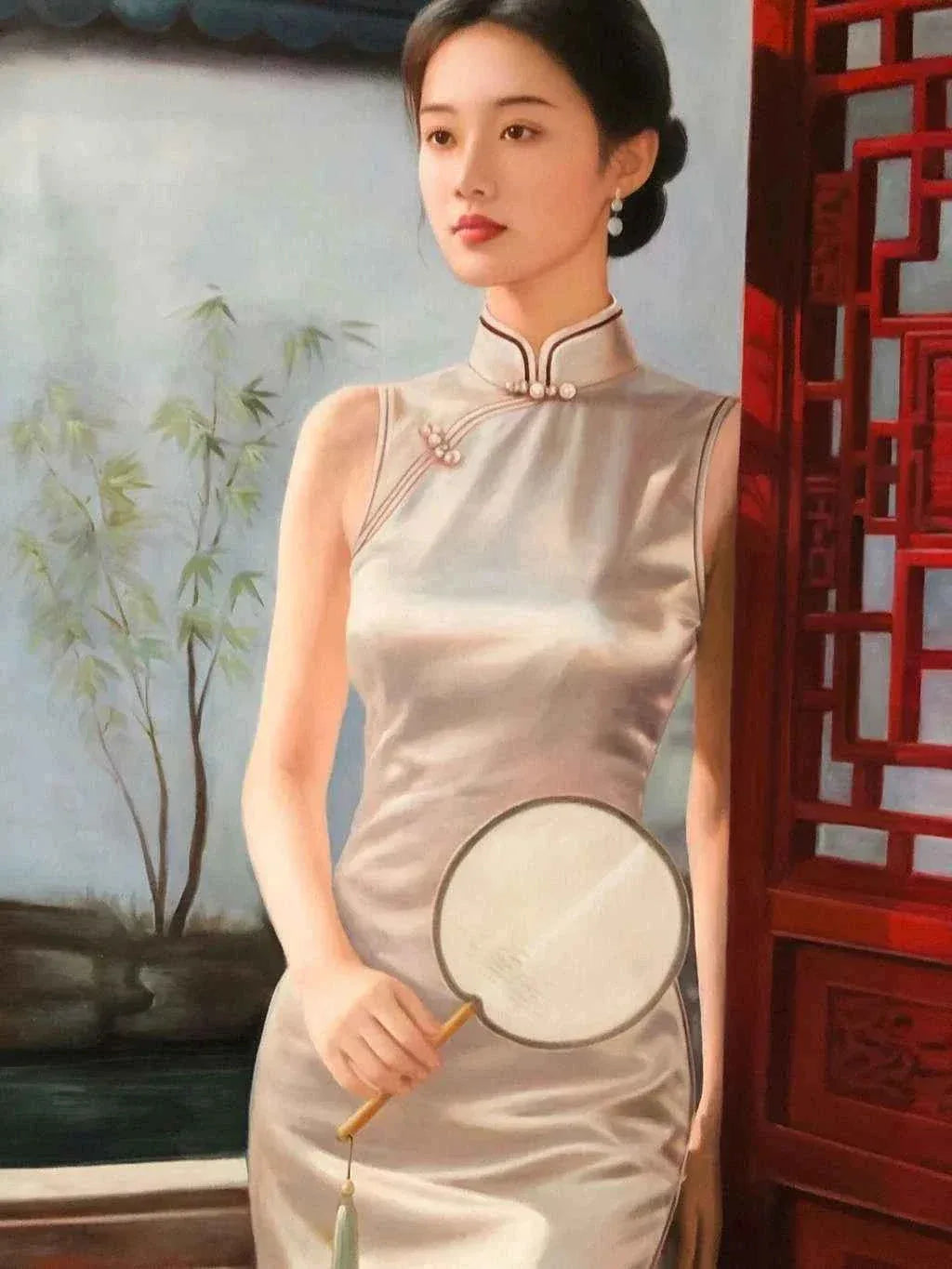 Peinture à l'huile chinoise sur toile peinte à la main belle femme avec éventail par Leng Jun - Kikooyou Art Gallery - Kikooyou Art Gallery