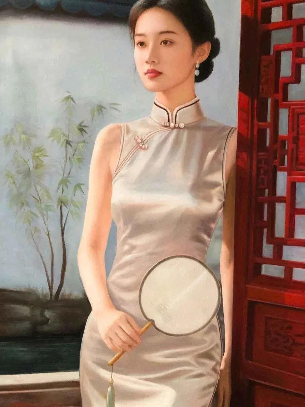 Peinture à l'huile chinoise sur toile peinte à la main belle femme avec éventail par Leng Jun - Kikooyou Art Gallery - Kikooyou Art Gallery