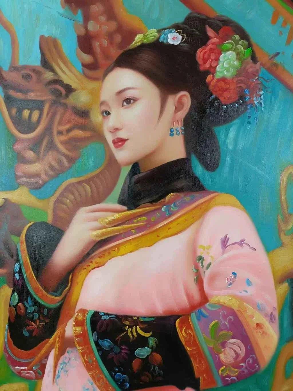 Peinture à l'huile sur toile peinte à la main belle femme avec habit traditionnel par Leng Jun - Kikooyou Art Gallery