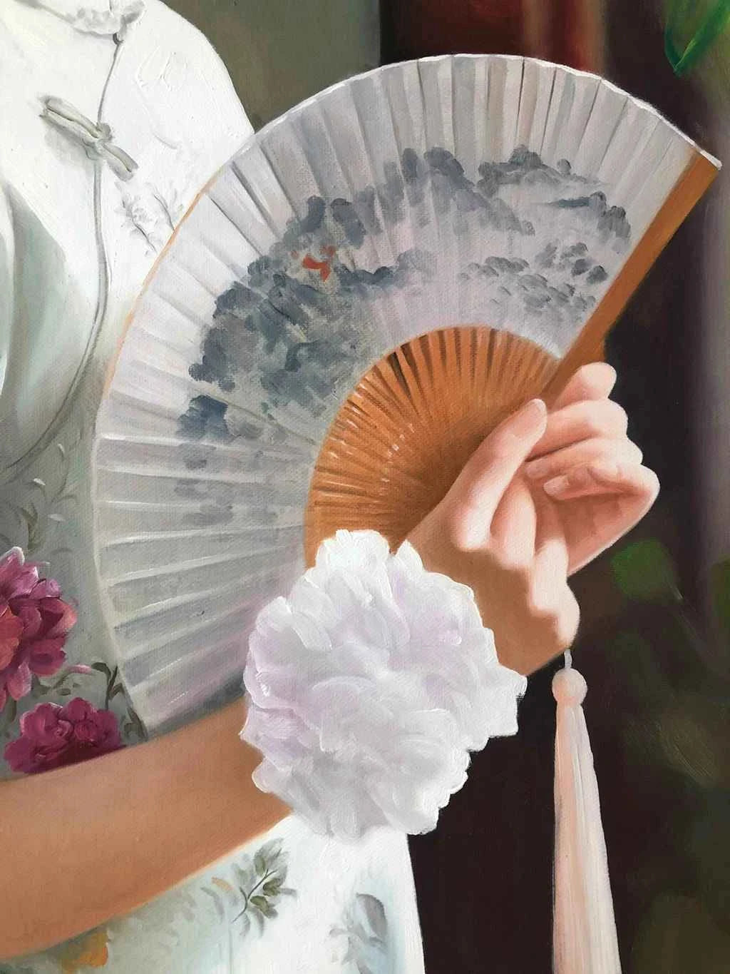 art Peinture à l'huile sur toile peinte à la main belle femme chinoise avec éventail par Leng Jun