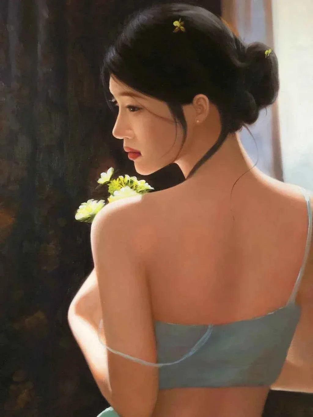 Peinture à l'huile sur toile peinte à la main belle femme chinoise en lingerie par Leng Jun - Kikooyou Art Gallery