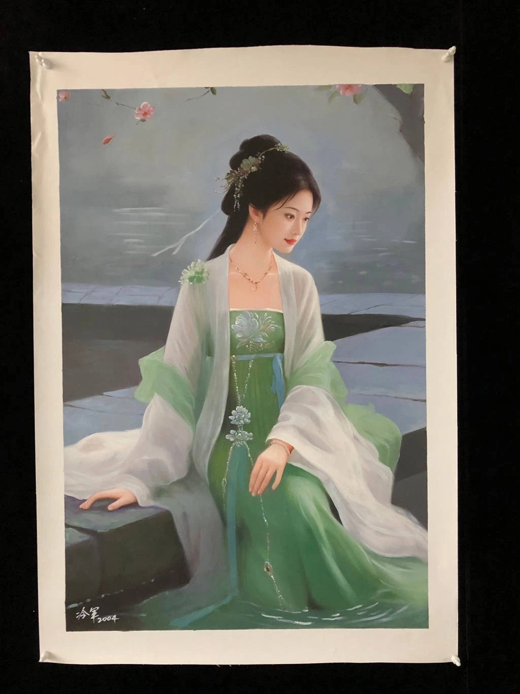 Peinture à l'huile chinoise sur toile peinte à la main belle femme robe verte par Leng Jun - Kikooyou Art Gallery