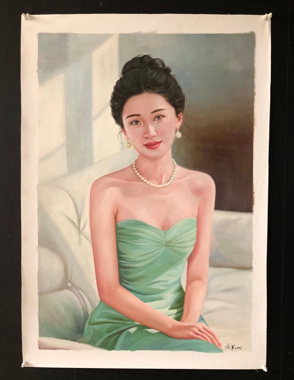 Peinture à l'huile sur toile peinte à la main belle femme chinoise élégante robe verte par Leng Jun - Kikooyou Art Gallery