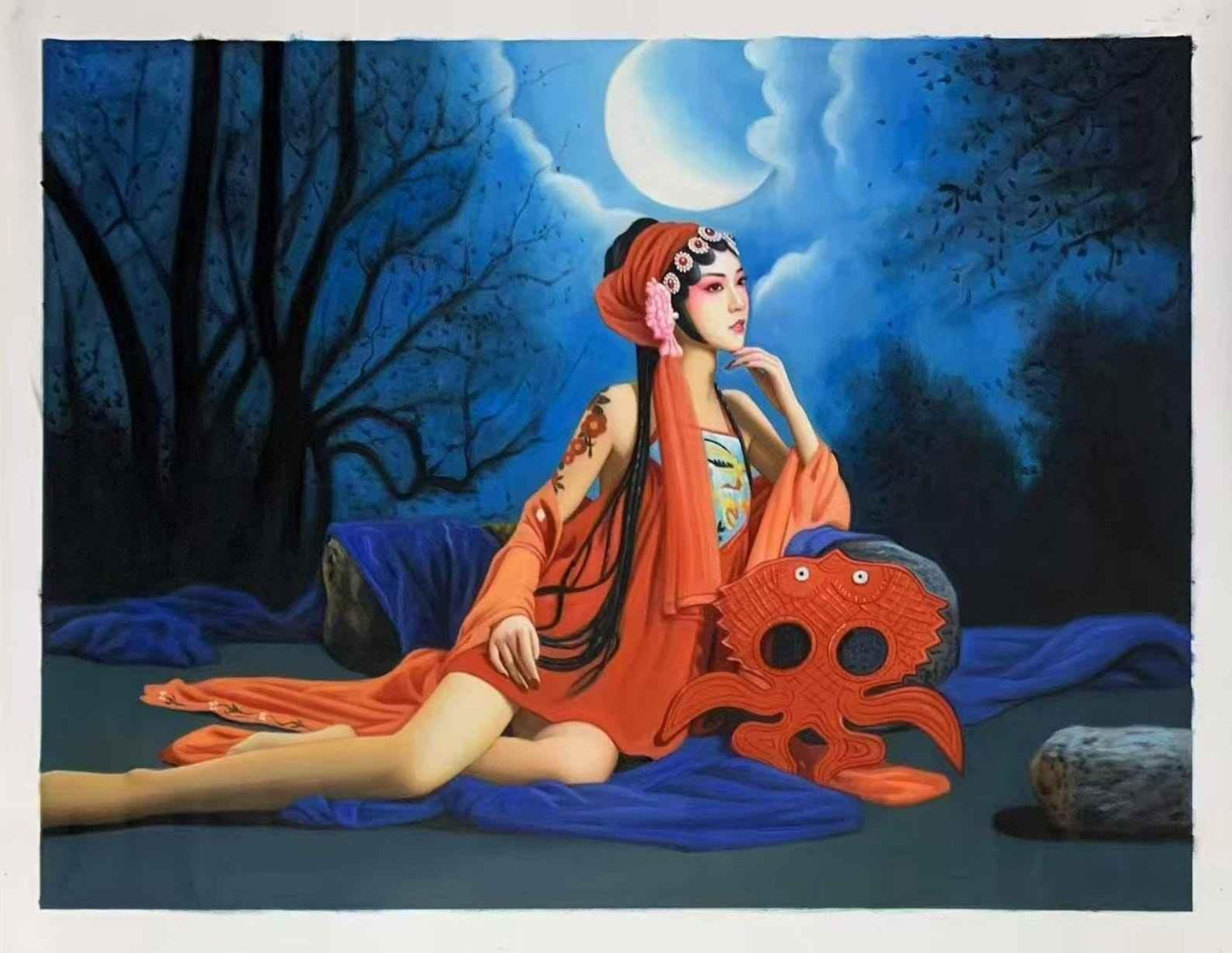 Un Huadan en rouge, un rôle de jeune femme vive et célibataire dans l'opéra de Pékin 75 x 100 cm Huile sur toile ORIGINALE FAITE À LA MAIN - Kikooyou Art Gallery - Kikooyou Art Gallery
