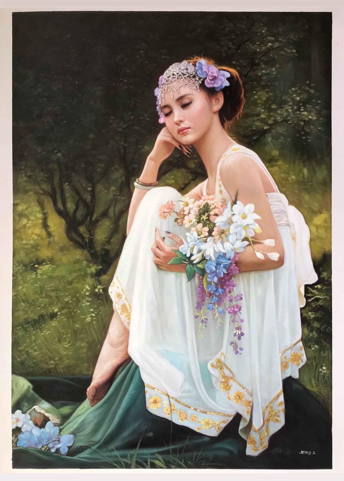 Belle jeune fille asiatique avec un bouquet de fleurs 70 x 100 cm peinture huile sur toile - Kikooyou Art Gallery - Kikooyou Art Gallery