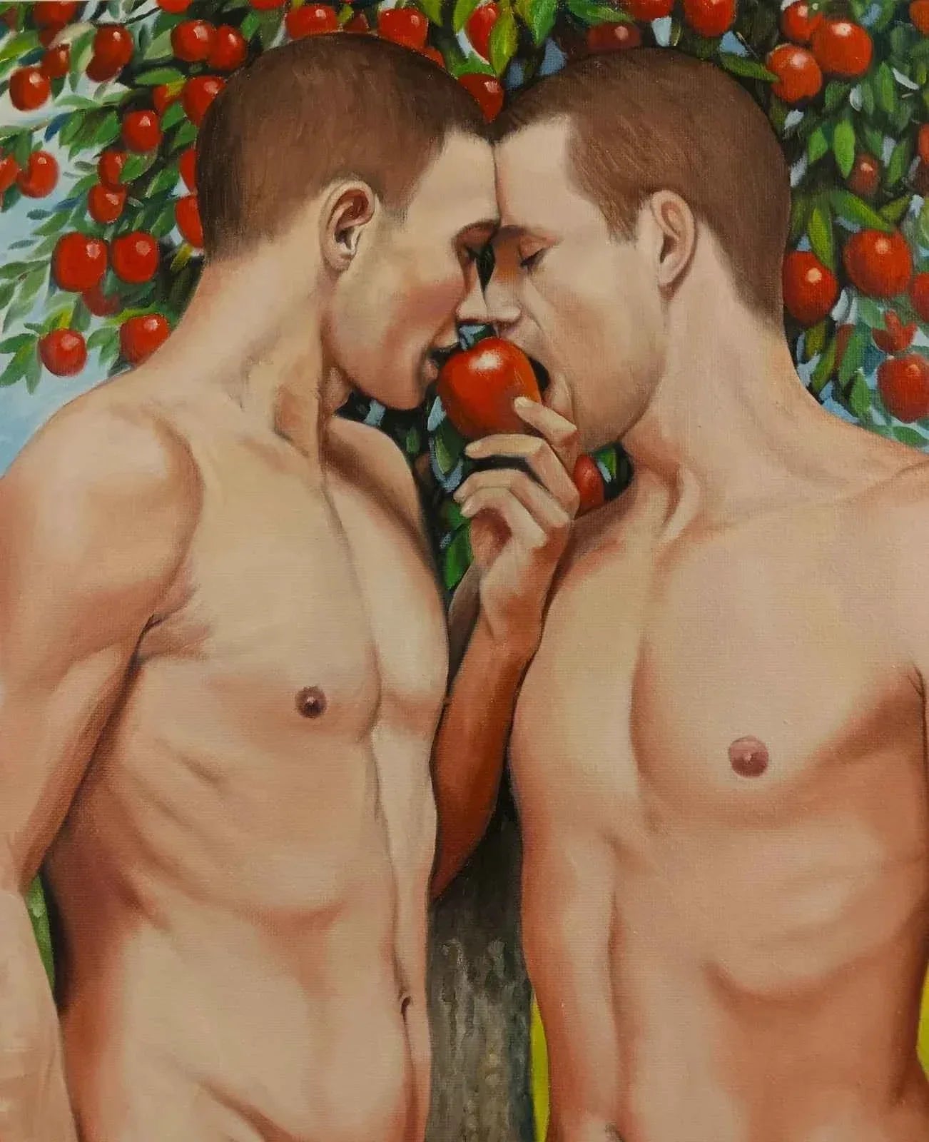 portrait deux hommes nus croquant la pomme au jardin d'eden peinture huile sur toile - Kikooyou Art Gallery - Kikooyou Art Gallery