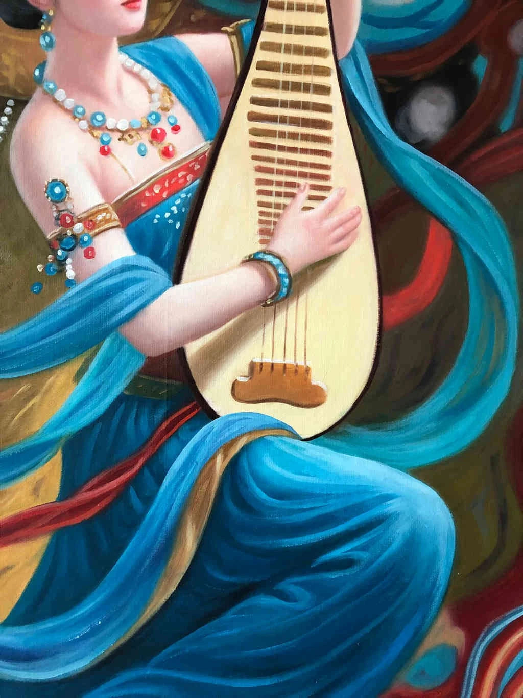 Peinture à l'huile chinoise sur toile peinte à la main belle femme musicienne par Leng Jun - Kikooyou Art Gallery
