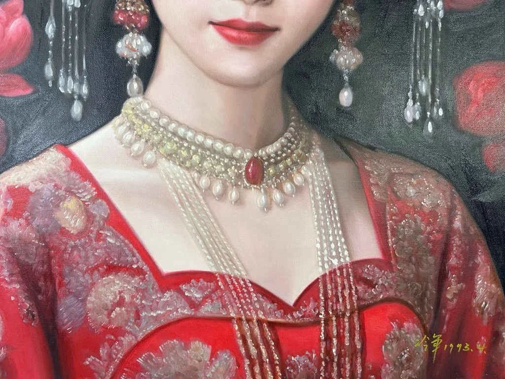Peinture à l'huile sur toile peinte à la main belle femme chinoise tenue aparat rouge par Leng Jun - Kikooyou Art Gallery