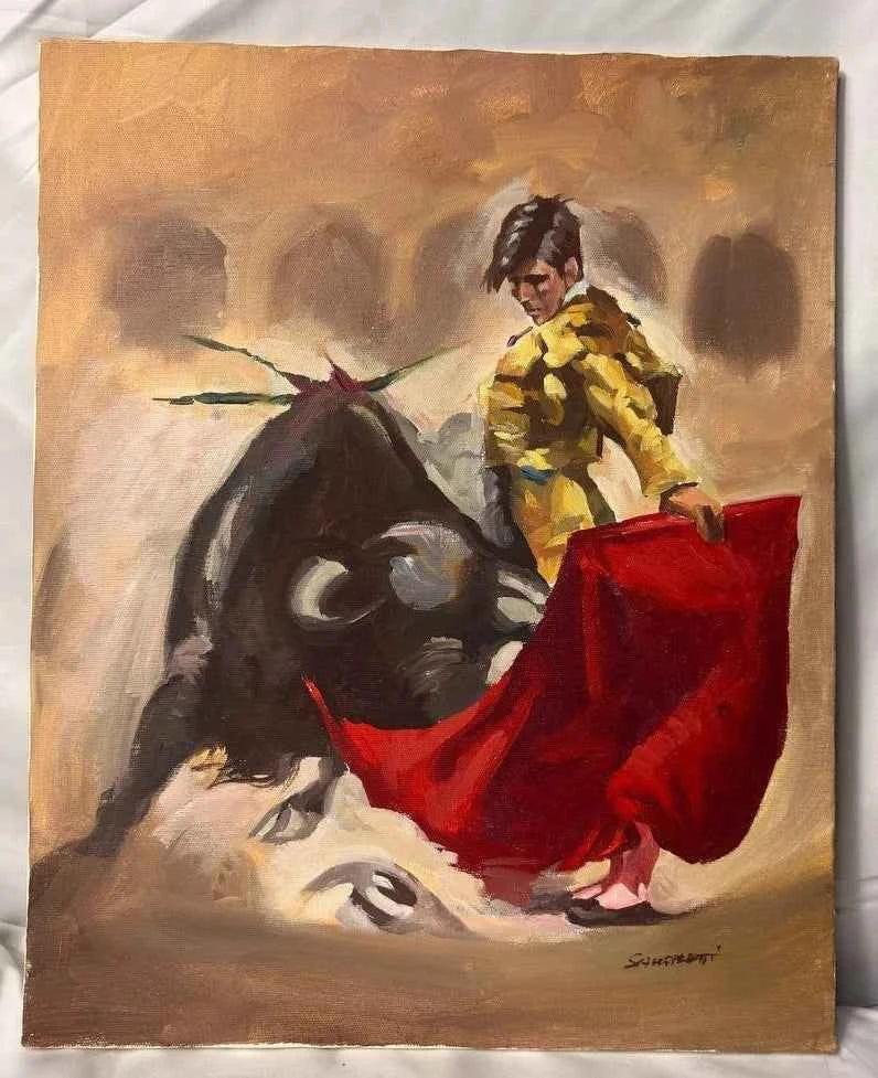 Peinture à l'huile sur toile, corrida, torero et taureau, art figuratif espagnol, signature - Kikooyou Art Gallery
