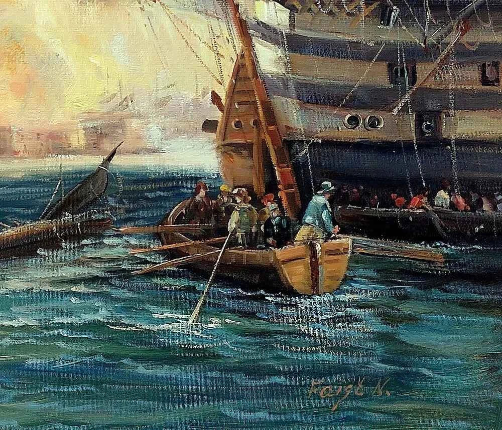 tableau huile bombardement d'Alger, bataille navale de Georg Chambers, peint à la main