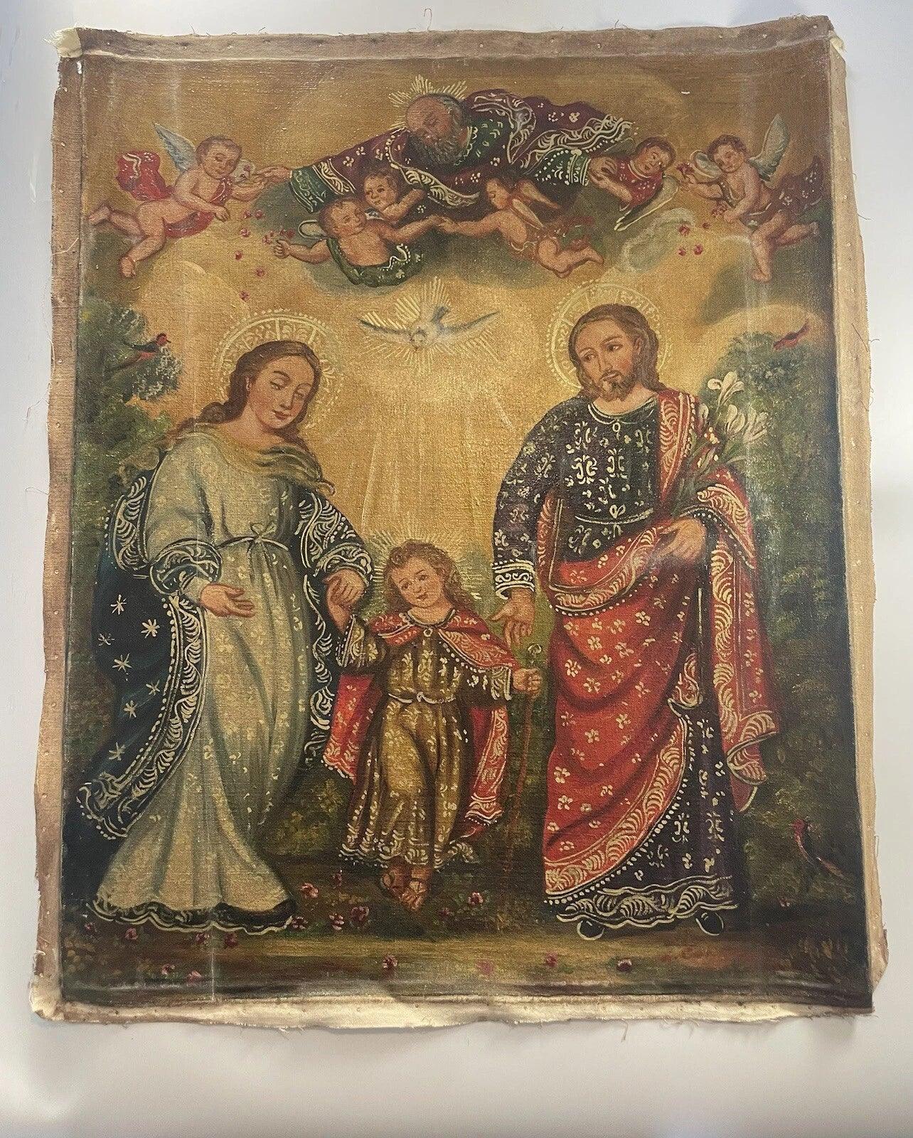 Sainte Famille, Sacrée Famille, Peinture à l'huile originale, Peinte à la main, Peinture Cusco - Kikooyou Art Gallery