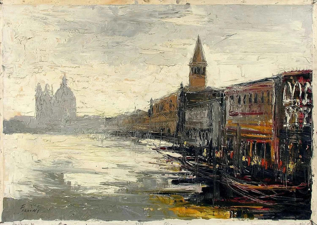 Faraoni signé vintage Mid century c1960s ORIG peinture à l'huile Venise Grand Canal - Kikooyou Art Gallery
