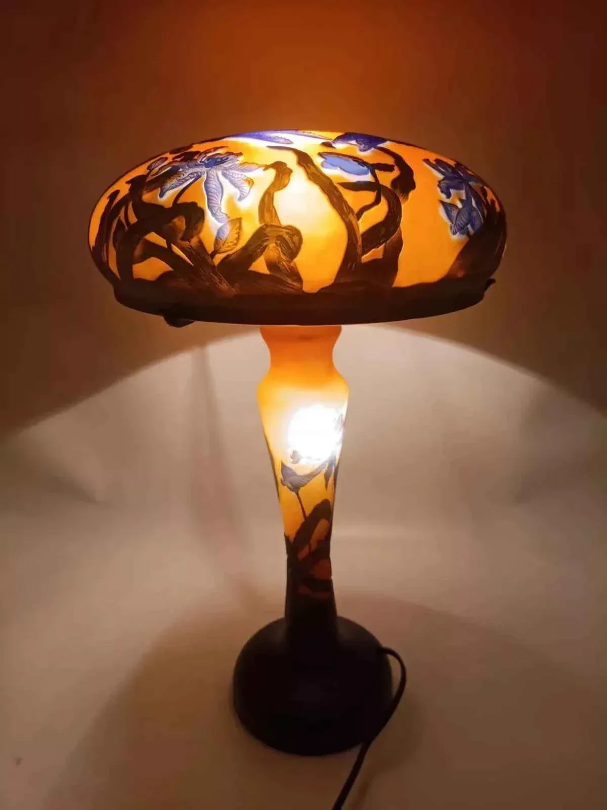 Lampe verre champignon Gallé Tip couleur jaune orange libellules bleues - Kikooyou Art Gallery