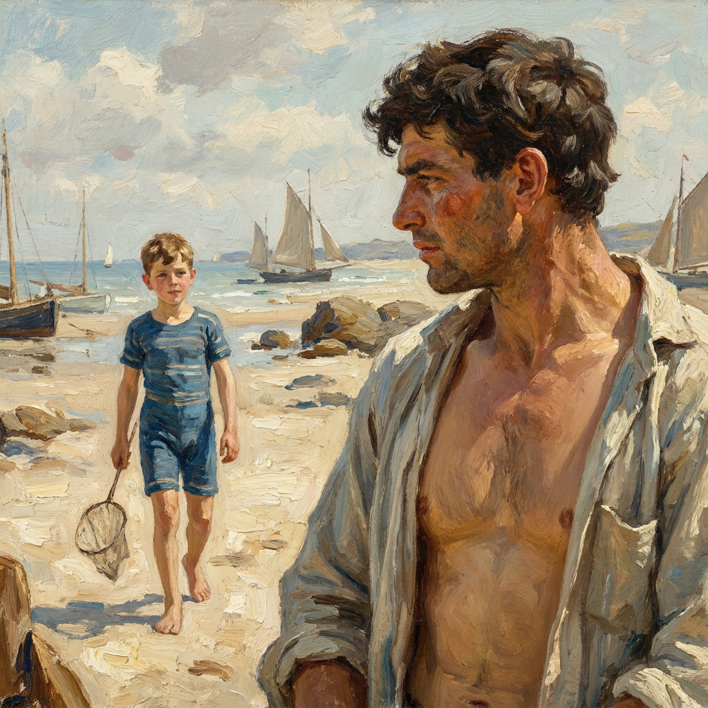peinture huile sur toile faite sur commande - PORTRAIT PECHEUR PERE ET FILS