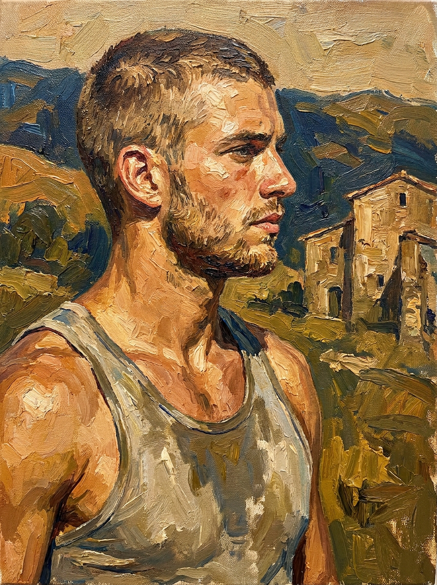 peinture huile sur toile faite sur commande - PORTRAIT JEUNE BOGOSSE FARMER