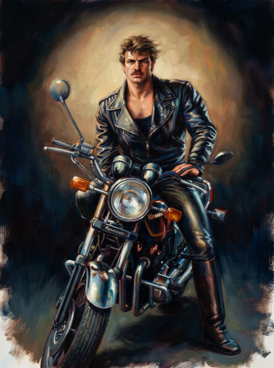 peinture huile sur toile faite sur commande - PORTRAIT MOTARD CUIR