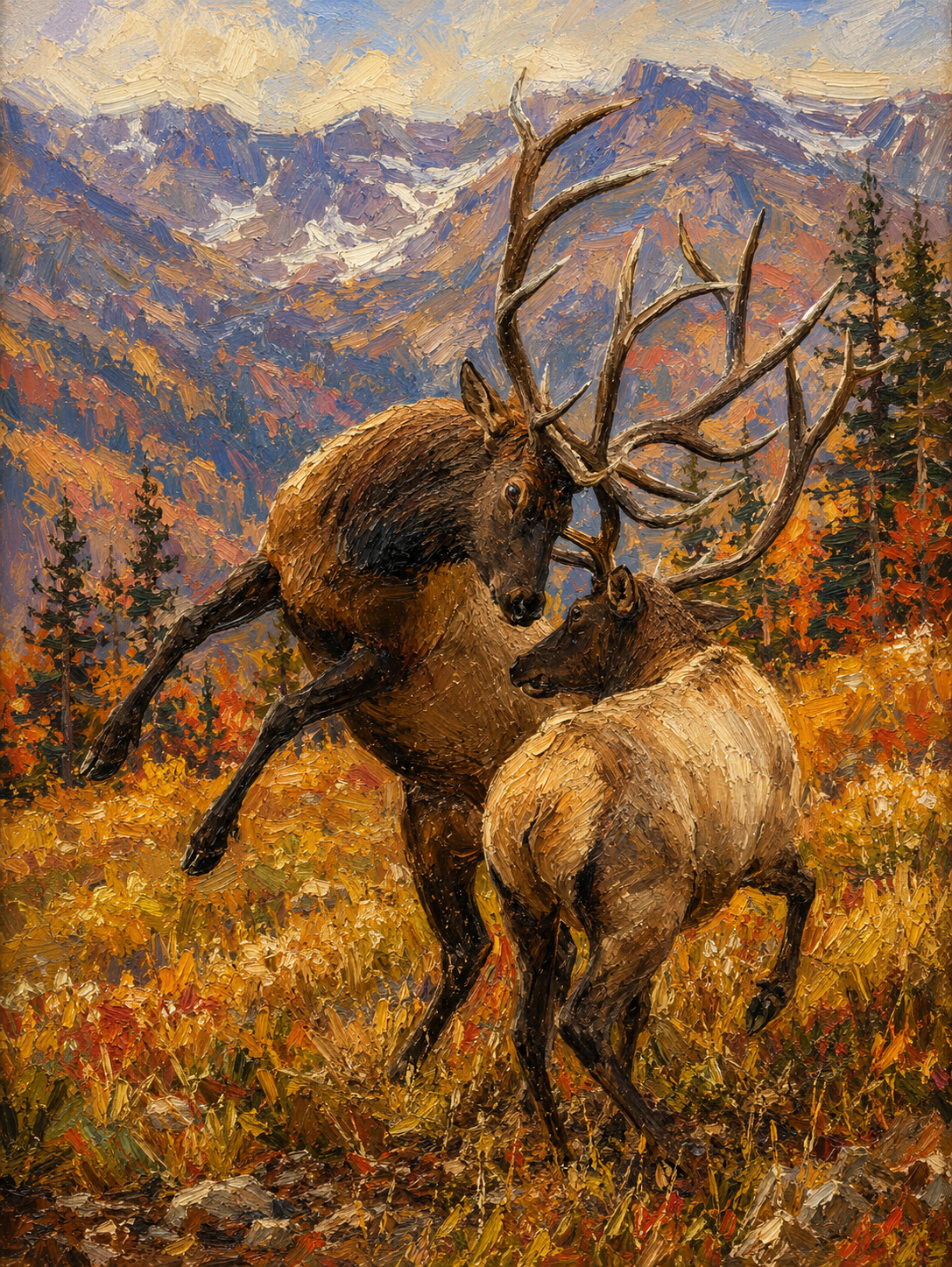 peinture huile sur toile faite sur commande - ANIMAL COMBAT DE CERFS
