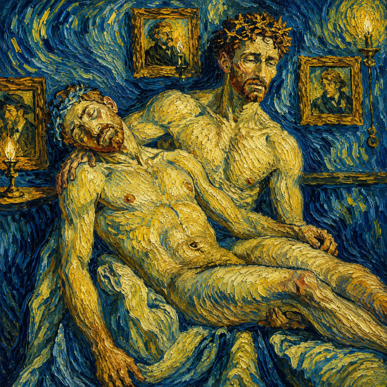 peinture huile sur toile faite sur commande - scène PIETA HOMMES