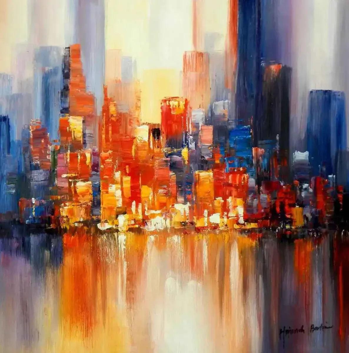 Tableau-abstrait-New York-Manhattan Skyline coucher de soleil-80x80cm-peint à la main - Kikooyou Art Gallery