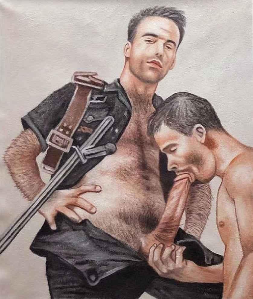 Portrait Art Érotique Huile sur Toile : Scène de Fellation entre un Homme Nu et un Policier - Kikooyou Art Gallery