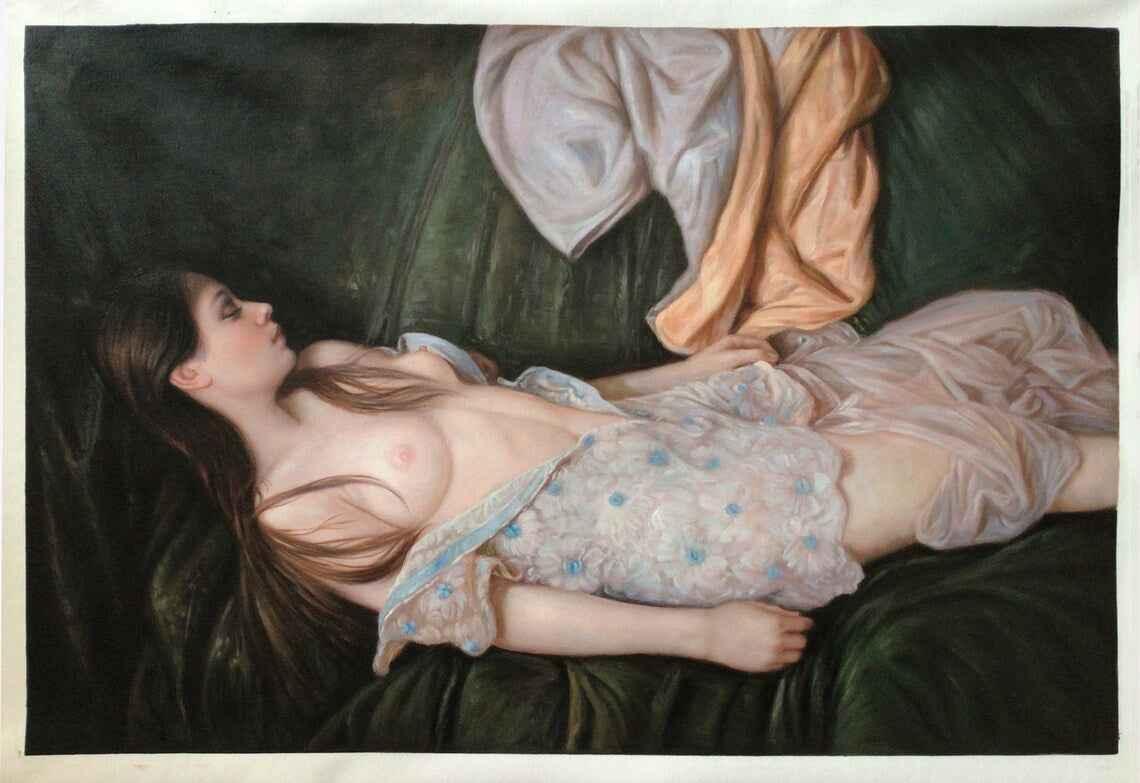 Au repos art nu féminin peinture huile sur toile - Kikooyou Art Gallery