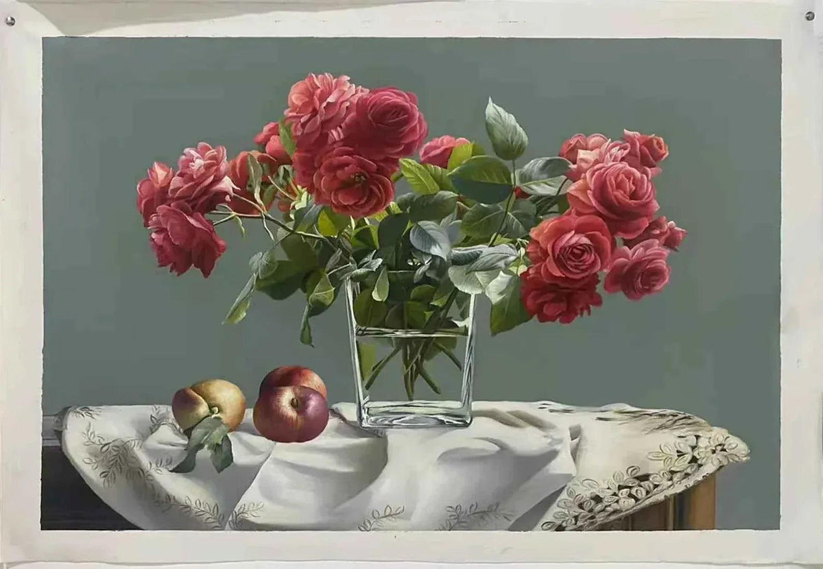 art-nature-morte-bouquet-fleurs-vase-fruits-peinture-huile-toile - Kikooyou Art Gallery