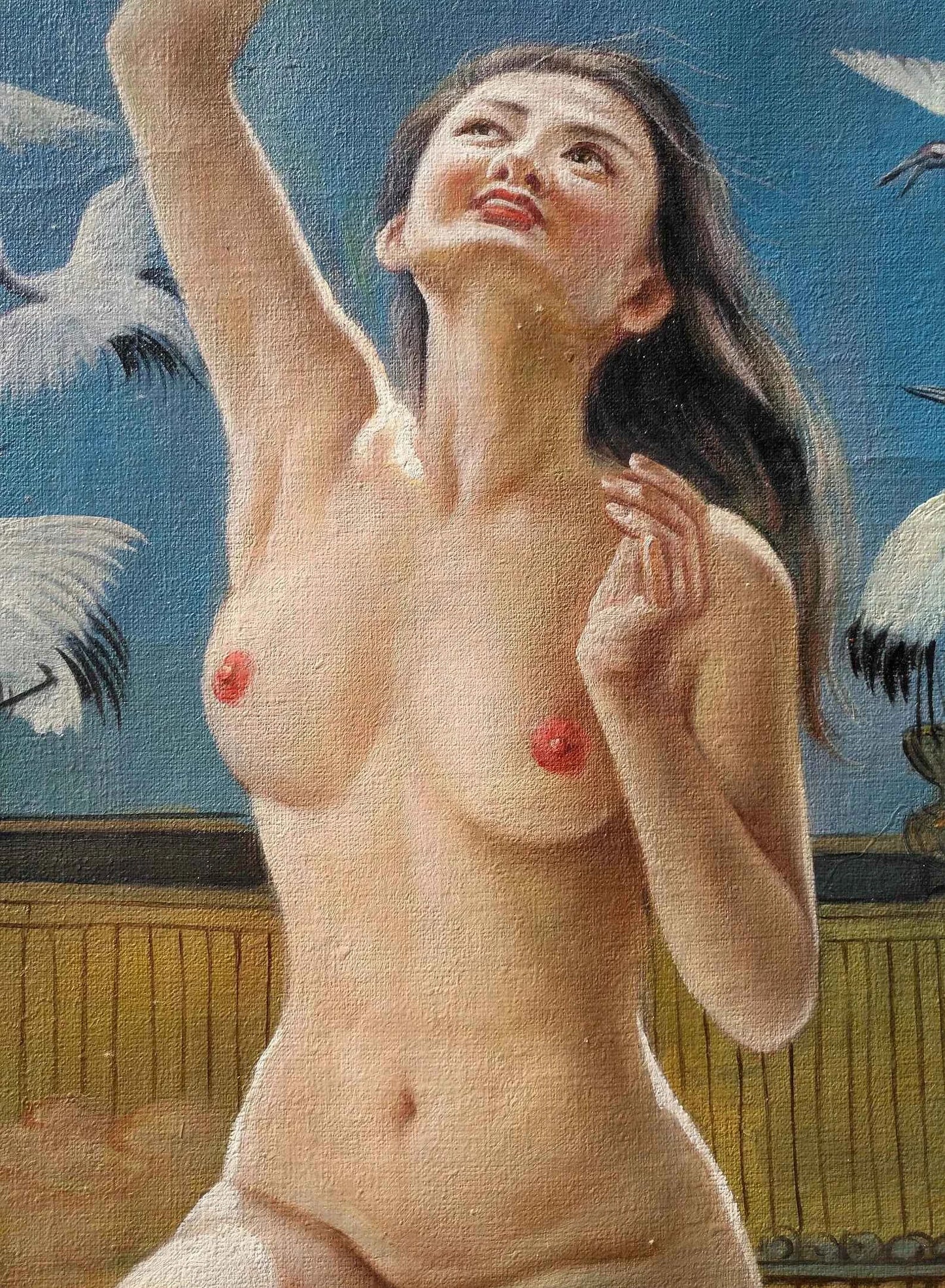art-érotique-nue-intégrale-femme-asiatique-peinture-huile sur toile-oiseaux - Kikooyou Art Gallery