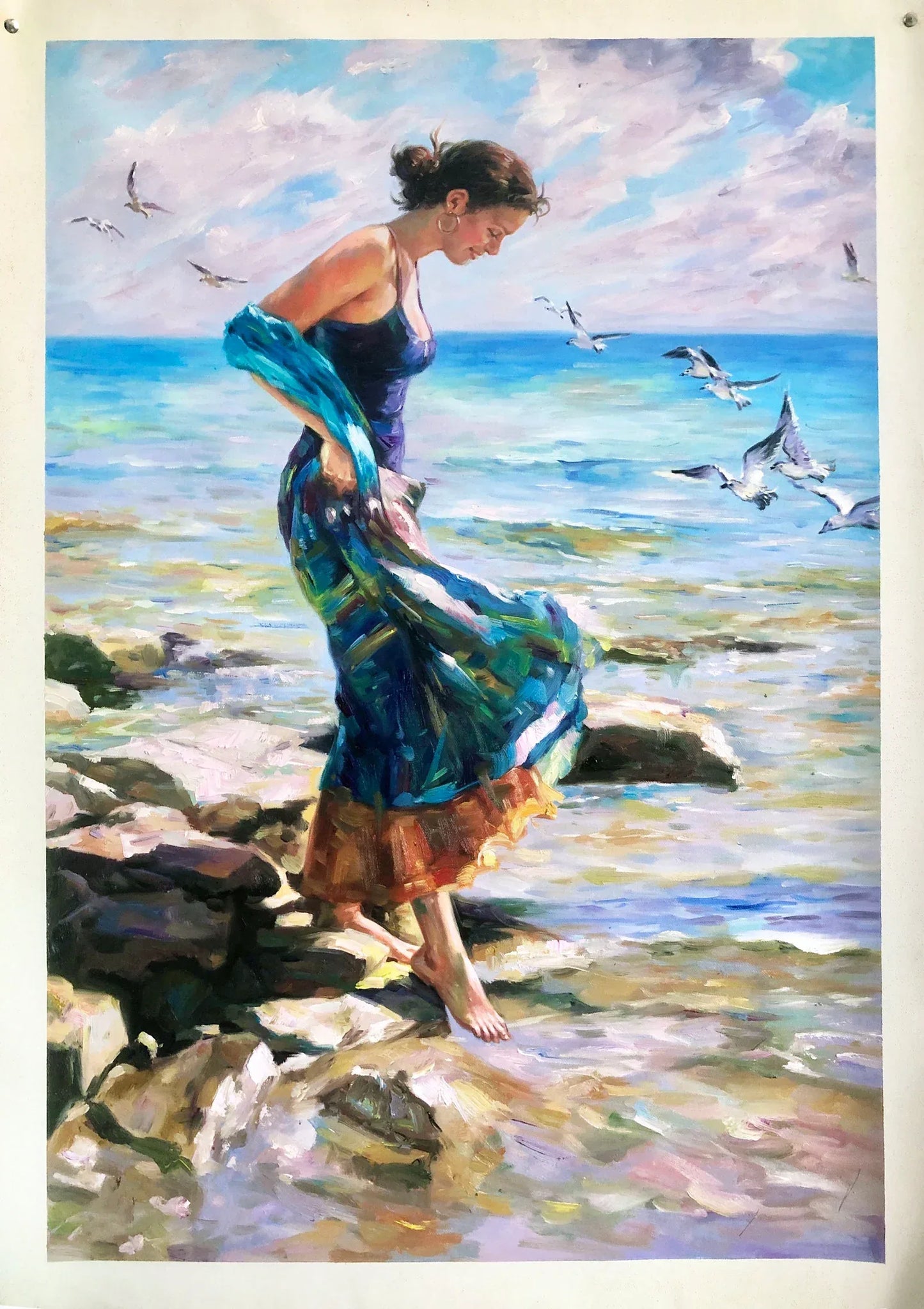 art-decoration-tableau-peinture-huile-toile-scene-plage-ocean-femme - Kikooyou Art Gallery