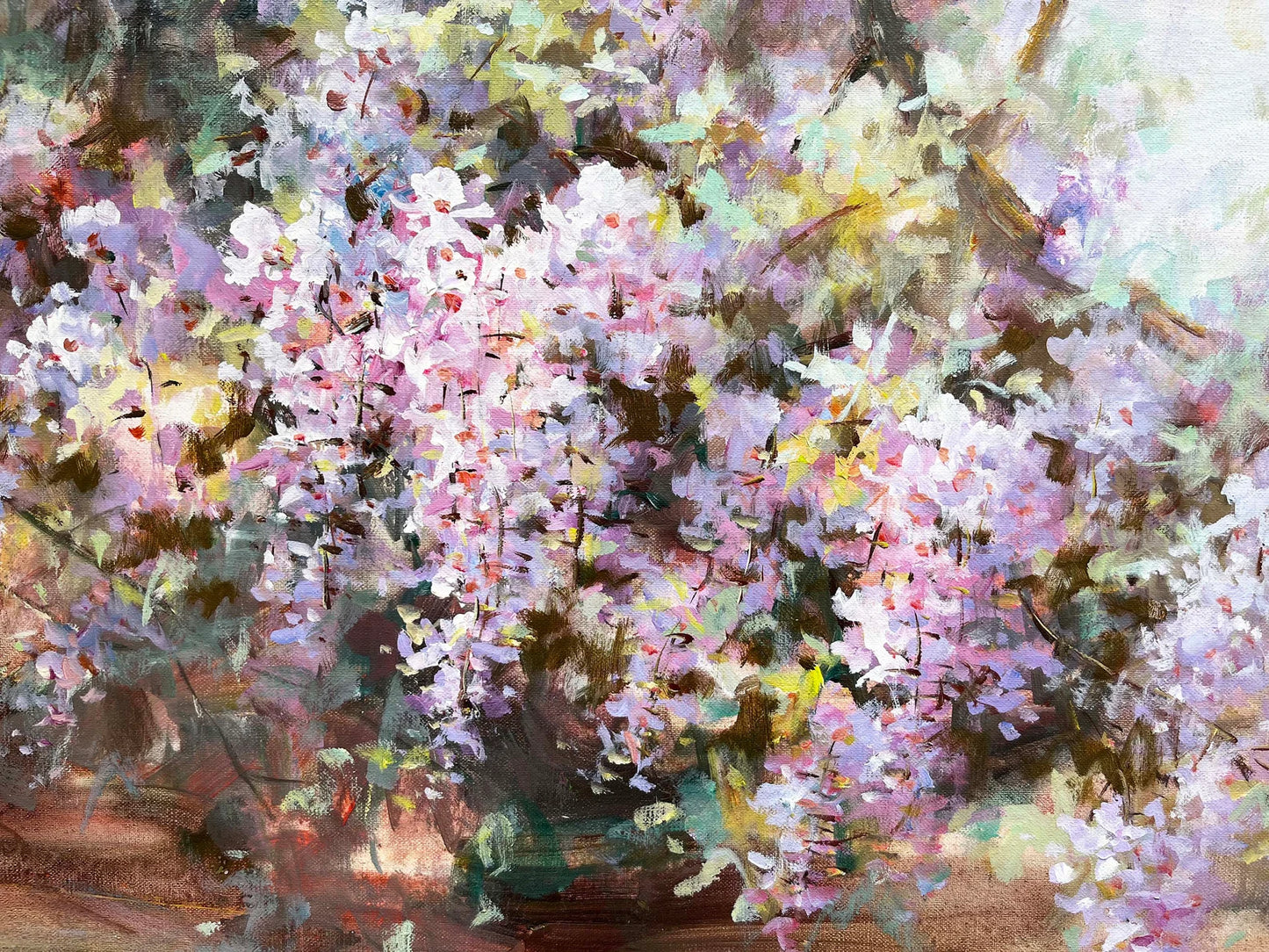 art-decoration-tableau-peinture-huile-toile-paysage-arbre-fleuri-oiseaux-jardin