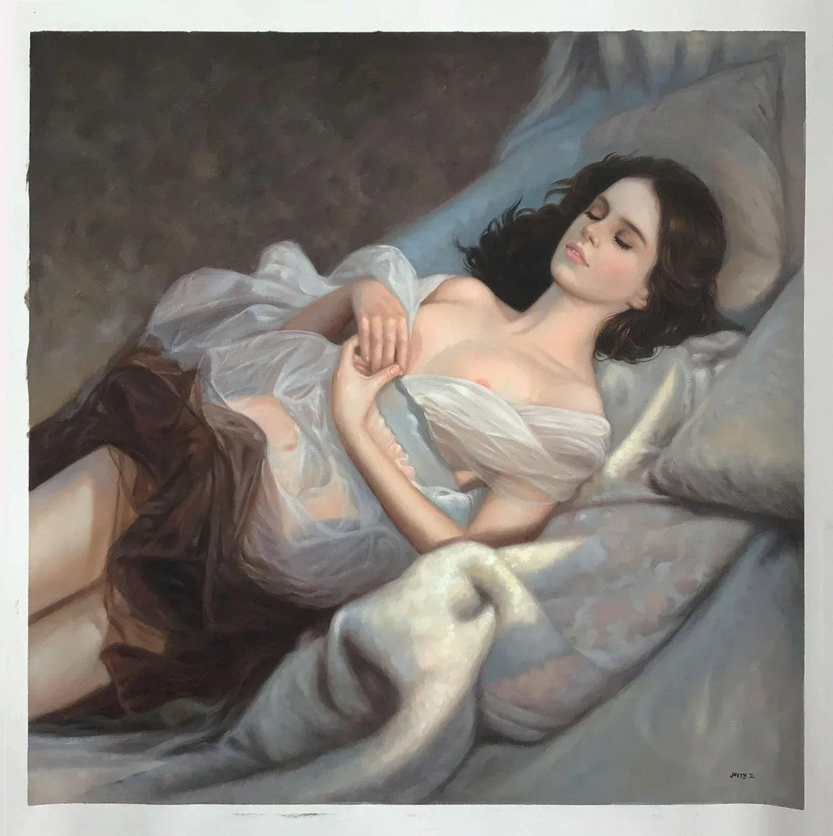art-decoration-tableau-peinture-huile-toile-portrait-feminin-femme-seins-nue-endormie - Kikooyou Art Gallery