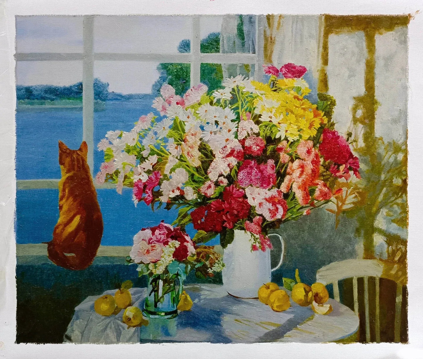 art-decoration-tableau-peinture-huile-toile-animal-chat-fenetre-nature-morte-fleurs - Kikooyou Art Gallery