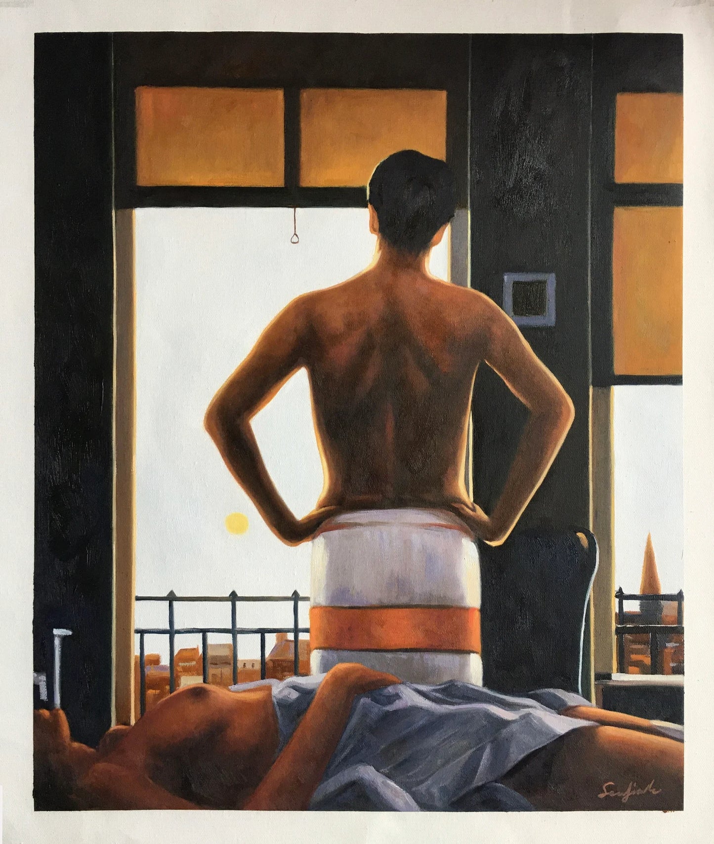art-decoration-scene-personnages-femme-nue-homme-fenetre-peinture-huile-toile - Kikooyou Art Gallery