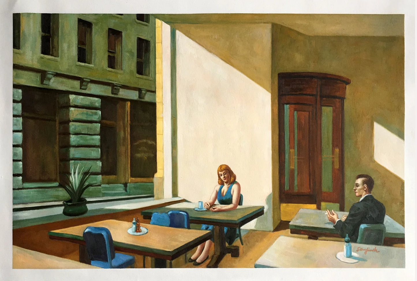 art-decoration-tableau-peinture-huile-toile-d'après Hopper Lumière du soleil dans une cafétéria - Kikooyou Art Gallery