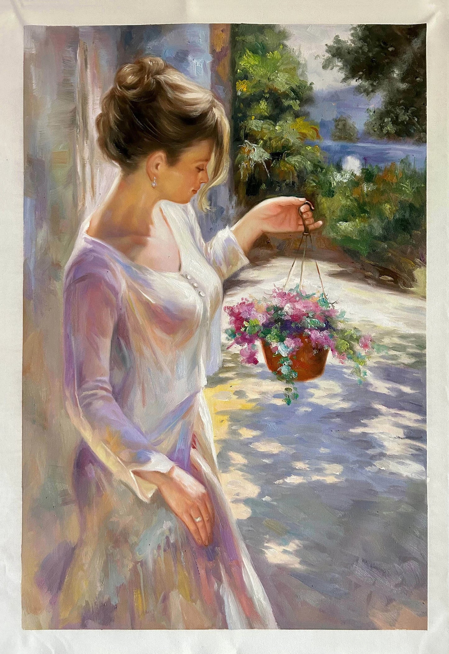 art-decoration-scene-jardin-femme-fleurs-peinture-huile-toile