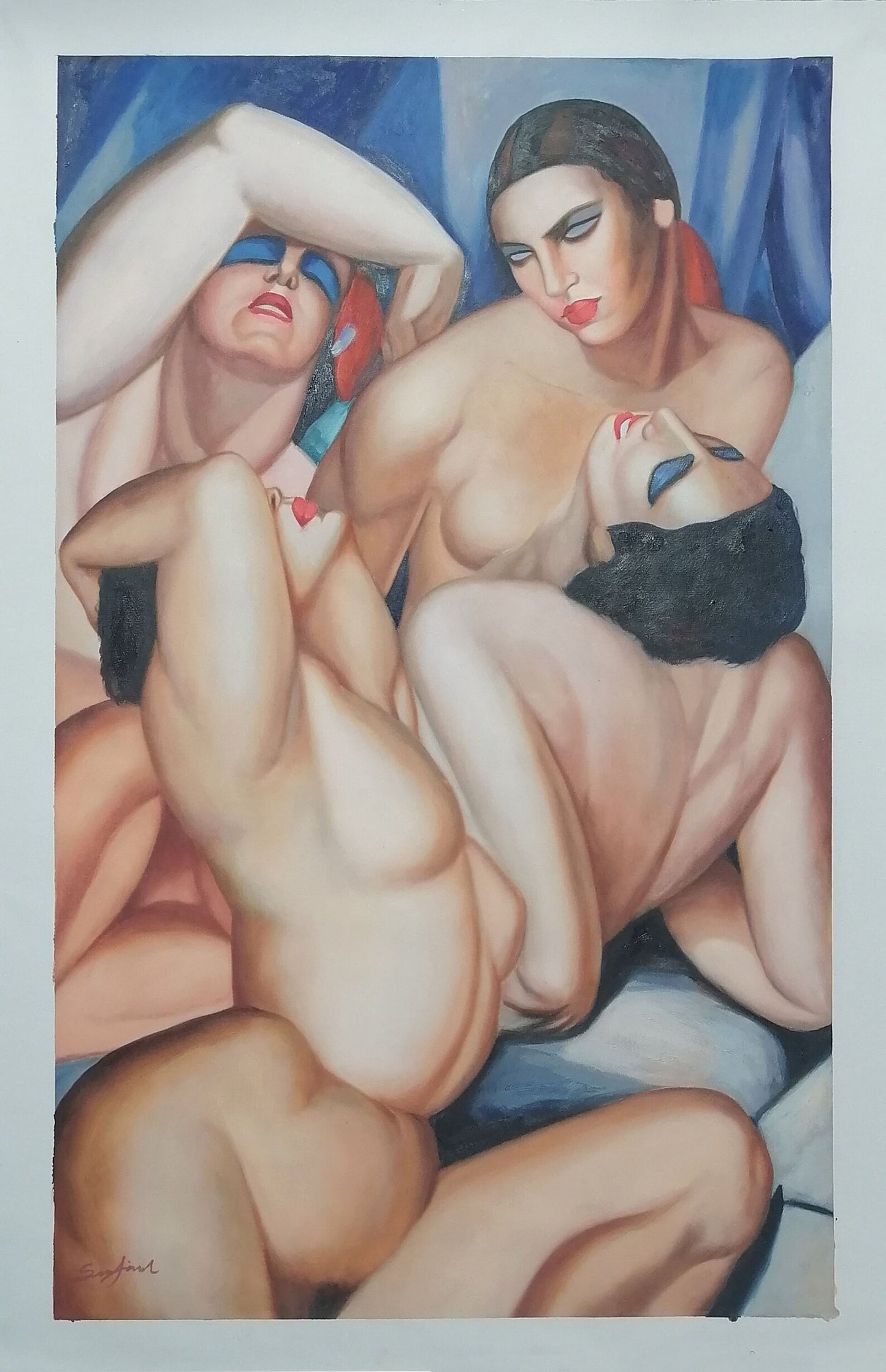art-deco-scene-erotique-femmes-nues-lesbiennes-peinture-huile-toile