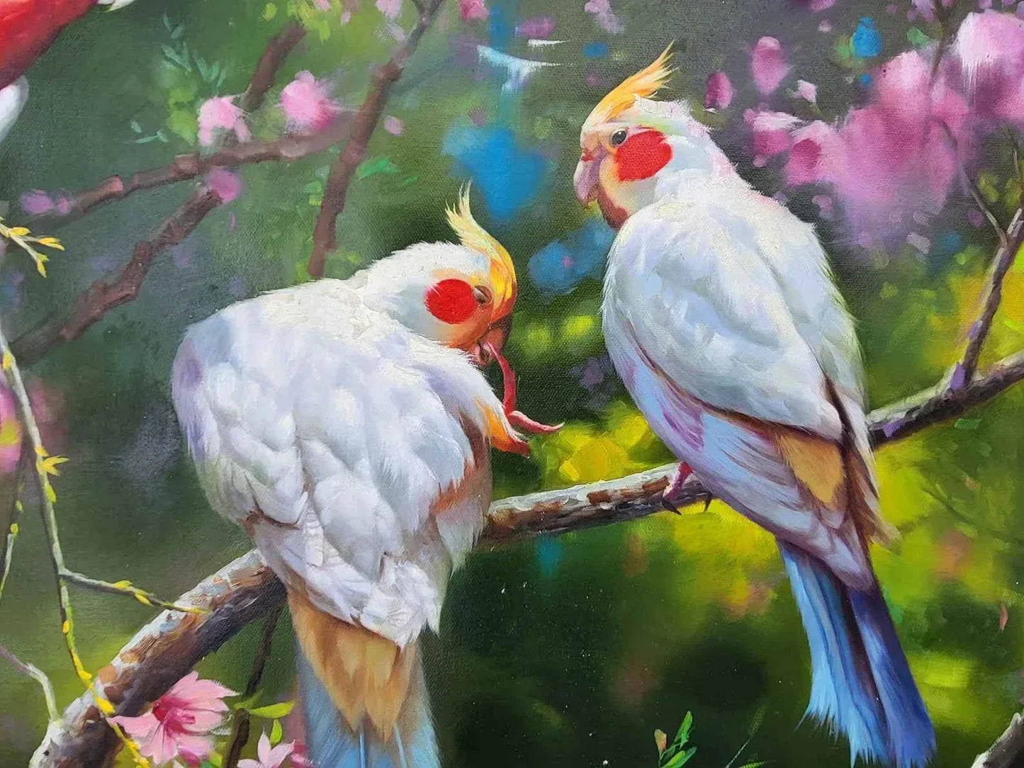art-animal-oiseaux-perruches-géantes-colorées-arbre-fleurs-peinture-huile-toile - Kikooyou Art Gallery