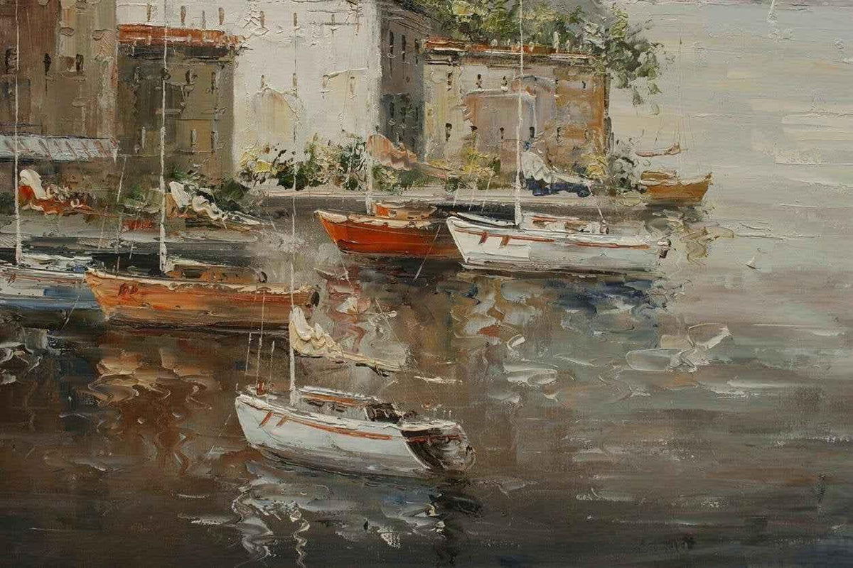 paysage port bateaux tableau peinture huile sur toile signée / Hand Painted Oil Painting boats seascape - Kikooyou Art Gallery