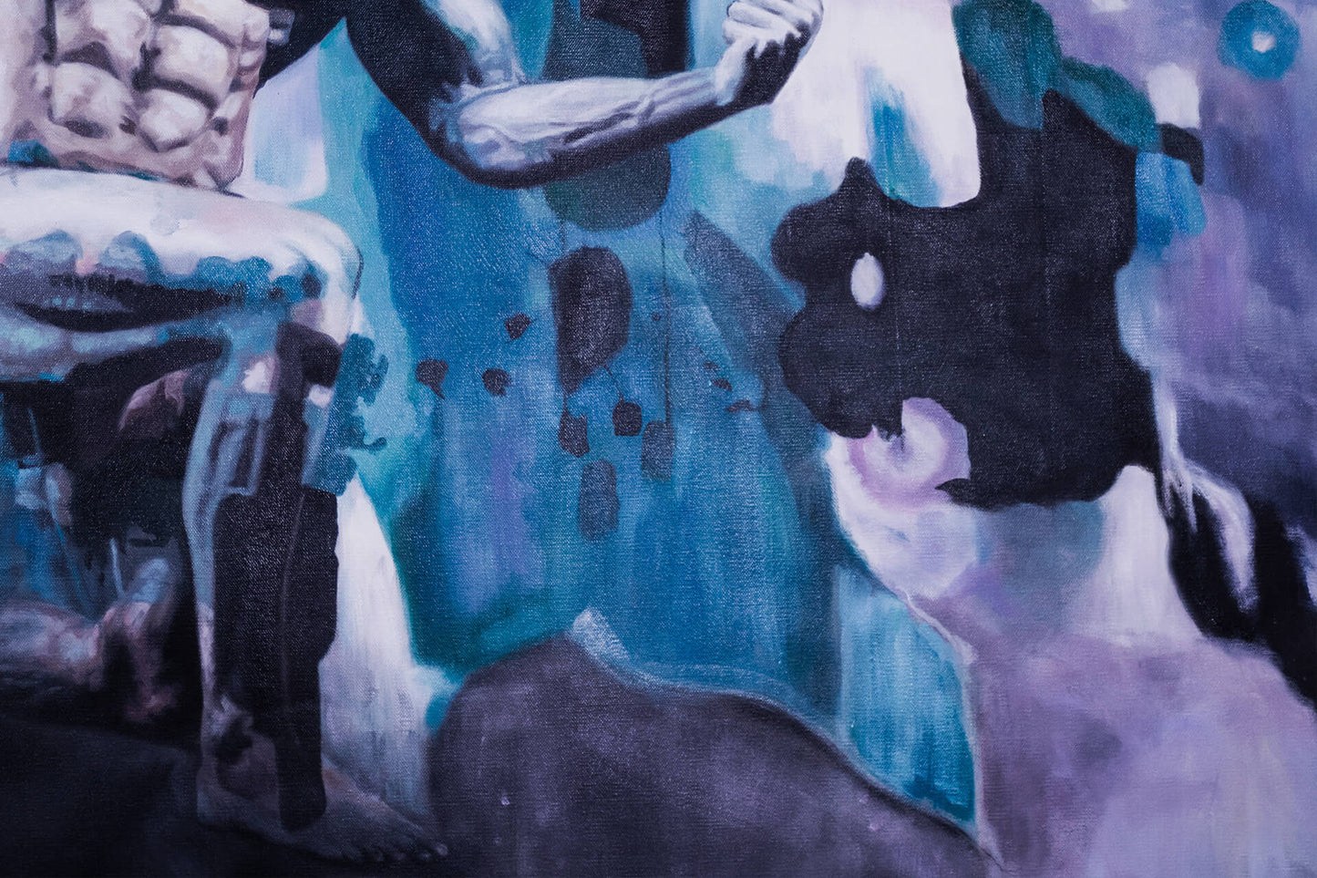 art-moderne-portrait-masculin-homme-muscle-bleu-peinture-huile-toile