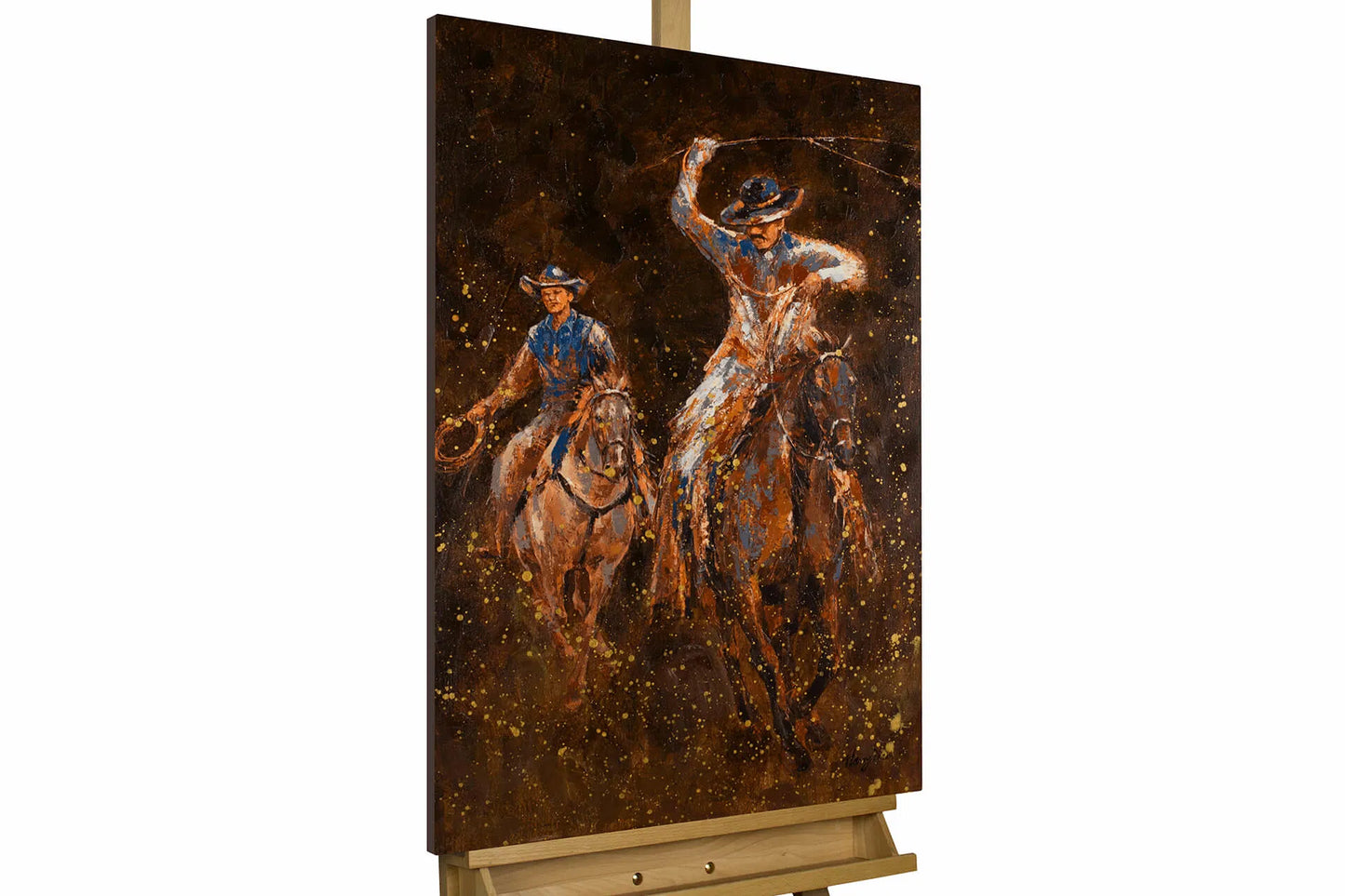 art-moderne-scene-vie-cowboys-lasso-plaine-originale-homme-huile-toile