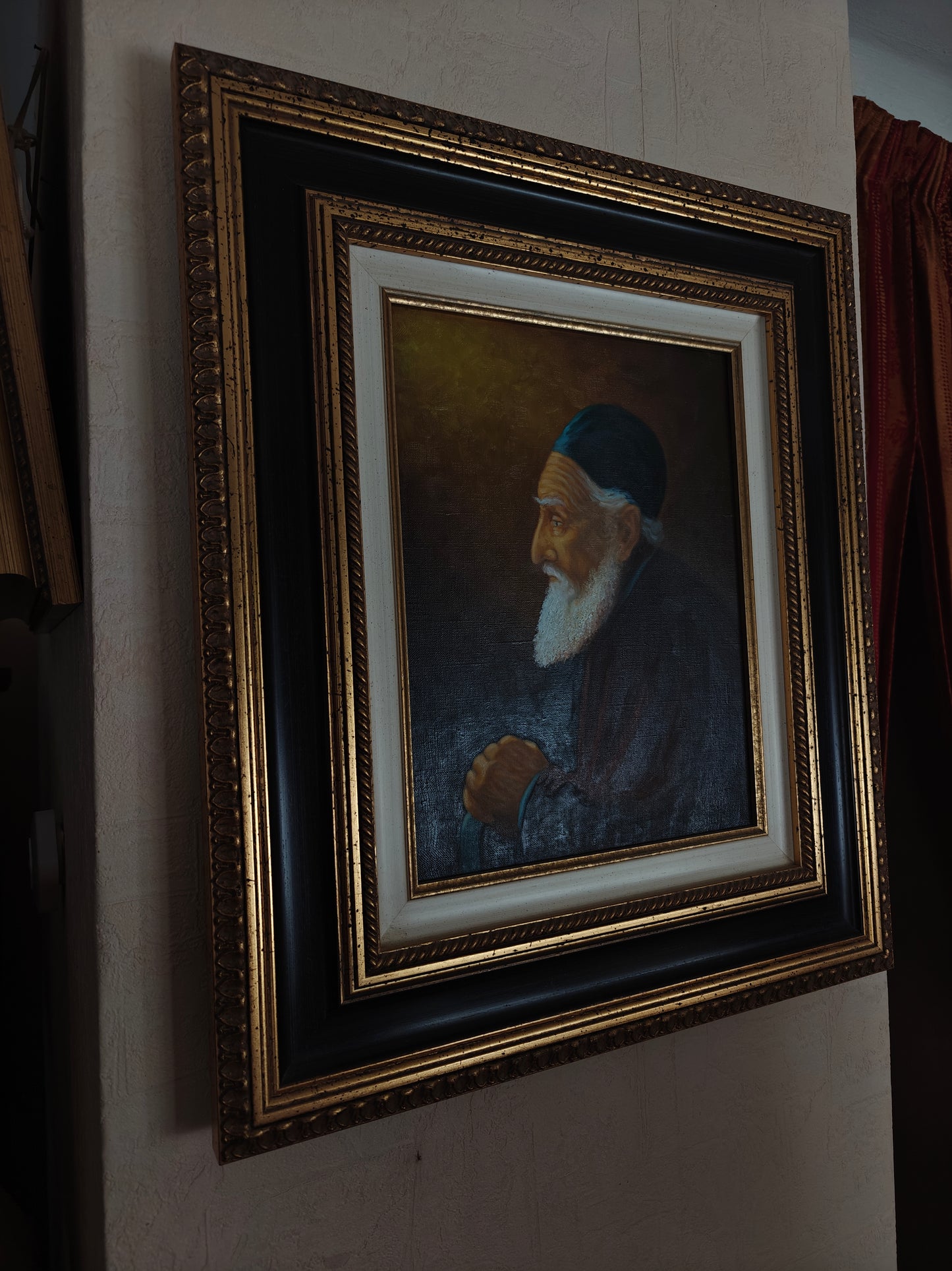 Tableau huile original portrait vieil homme barbu. Encadré